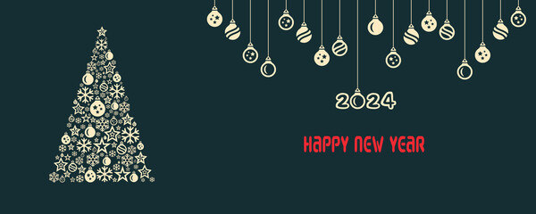 Wish card 2024 written in English in red font with Christmas' balls and a golden Christmas tree with stars and Christmas' balls on a green background - "Happy New Year 2024"	