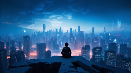 Boy sitting on top of a building and looking at the urban night, futuristic dystopian cyberpunk city view