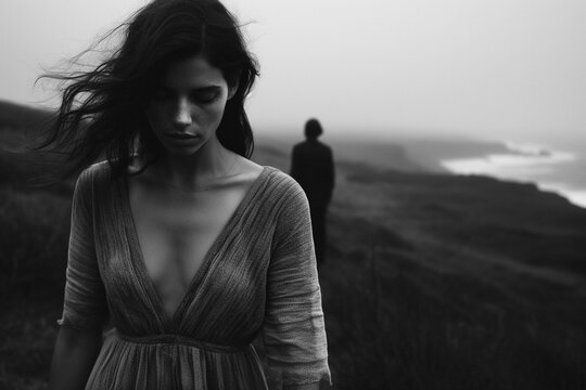 black and white photo of young woman and a blurred person behing in coastal scenery