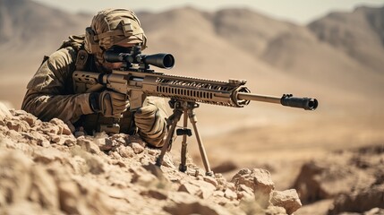 Military sniper in the desert. Sniper mercenary with a rifle aims at the enemy. - obrazy, fototapety, plakaty