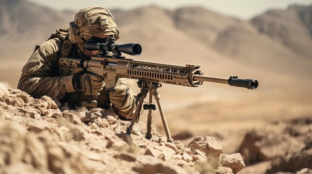 Military sniper in the desert. Sniper mercenary with a rifle aims at the enemy.