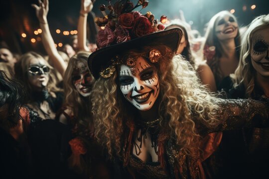 Halloween Costume Party: Crowd of People in Creative Outfits - AI Generated