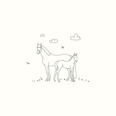 Mare with a foal in a summer meadow, a linear illustration for coloring