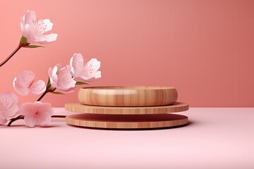 Obraz na płótnie Canvas 3d Japanese style minimal background. pink podium and cherry blossom background for product presentation.