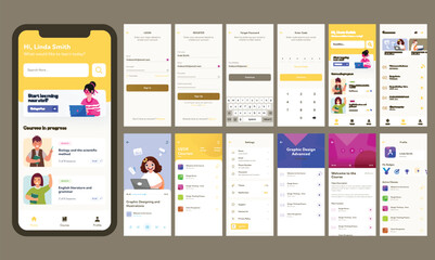 Mobile App UI Kit Including as Sign In, Sign Up, Forgot Password, Various Courses Screens for Online Learning and Classes Concept.