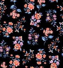 Watercolor flowers pattern, red tropical elements, blue leaves, black background, seamless