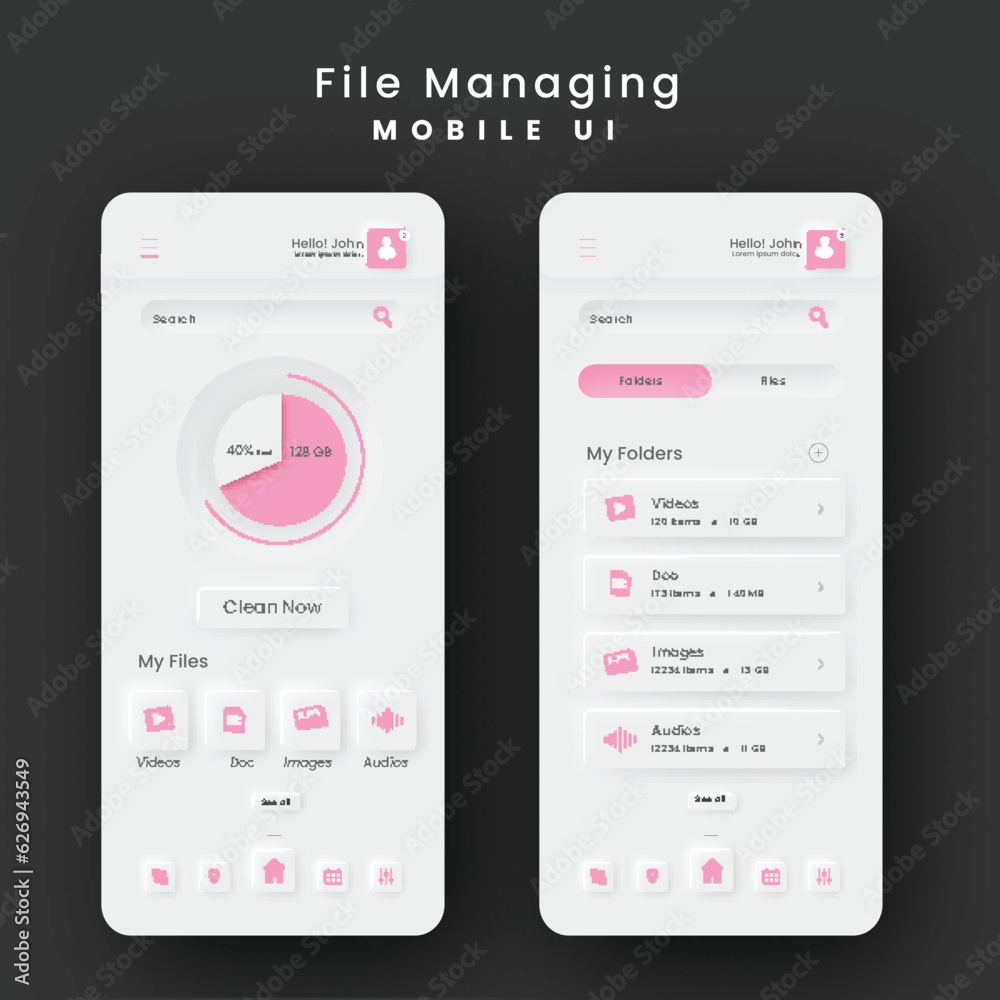 Poster file managing mobile app ui kits in white and pink color.