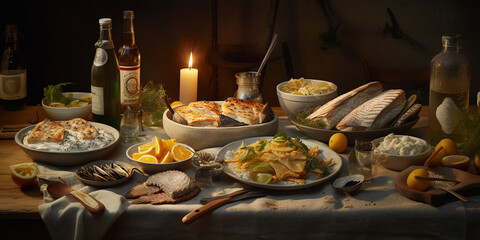 A Lavishly Decorated Table for Swedish Midsummer Celebration, Laden with Delectable Swedish Delicacies - AI generated
