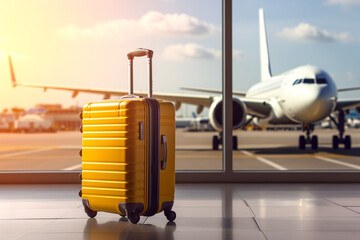 yellow luggage in airport with airplane background by generative ai. travel concept.