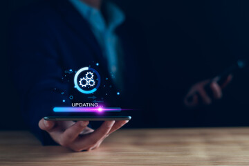 Operating system upgrade concept, installation app and software update process, modernize user equipment, update modern functions, developer released new version Improved security. User is downloading