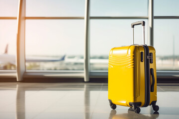 yellow luggage in airport by generative ai. copy space. travel concept.