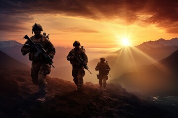 A small group of mercenary soldiers during the transition in the mountains. They moving along the mountain range in the rays of the setting sun.