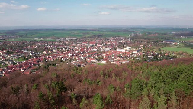 Drone flying over beautiful small city Bleicherode in Germany