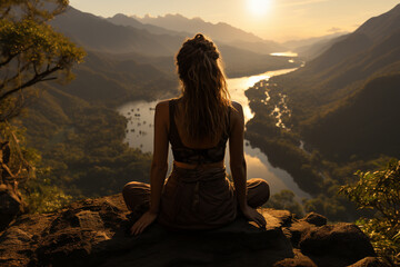 Back view of woman in meditation. Mountains in the fog. The view from the back. arms around. Meditation. The balance of psychological life. Appeasement. Generative Ai