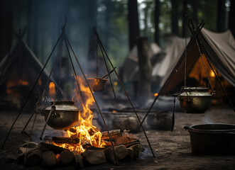 an outdoor camp with pots of cookware and tents