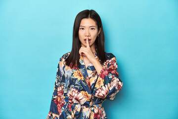 Fototapeta premium Elegant young Asian woman in kimono, studio shot keeping a secret or asking for silence.