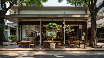 small stores roadside style is modern and minimalist , day light , small stores is located in nimmanhaemin road chiang mai city thailand generative ai