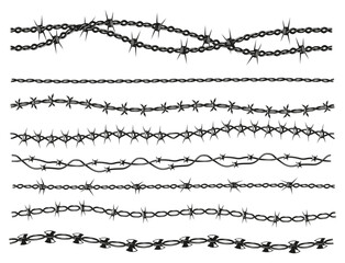 Razor wire collection. Barbed wire military border, dangerous chain of sharp barbed wire, danger warning silhouette for security concept. Vector set. Prison boundary protection with metal spikes