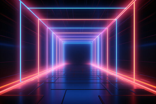 Abstract neon light geometric background. Glowing neon lines. Tunnel or corridor neon light design. Rectangular laser lines. Night club empty room. Stage laser show. LED technology.