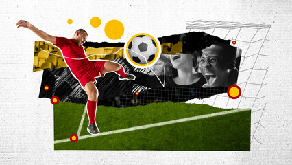 Match online translation. Man, football player in motion, hitting ball. Young people cheering up favourite team. Contemporary art collage. Concept of sport, betting, game, competition. Poster, ad