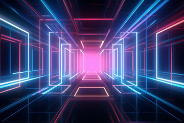 Abstract neon light geometric background. Glowing neon lines. Tunnel or corridor neon light design. Rectangular laser lines. Night club empty room. Stage laser show. LED technology.