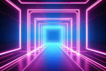 Abstract blue pink neon light background. Glowing neon lines. Geometric tunnel portal neon light. Rectangular laser lines. Night club room interior. Stage laser show. LED technology.