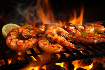 Grilled shrimps on grill with fire generated by AI