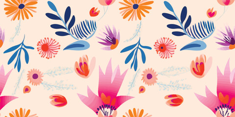 Hand drawn artistic ethnic flowers ornament print. Cute modern style pattern. Fashionable template for design