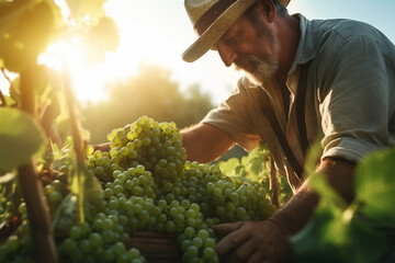 Farmer collecting grapes harvesting season generated by AI - obrazy, fototapety, plakaty