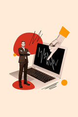 Sketch artwork retro pop collage of handsome successful man entrepreneur demonstrate graph bitcoin growth isolated on drawing background