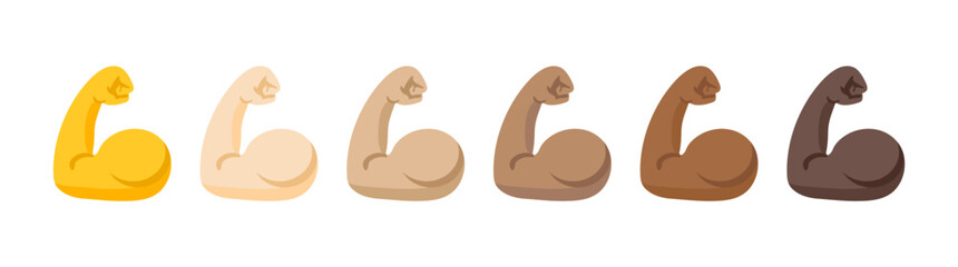 Muscle icon set, flexed bicep arm icon hand emoji. Feats of strength sign - Biceps musclar arm icon - Flexing arm muscles, strong icons - obrazy, fototapety, plakaty