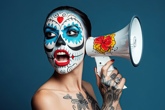 woman painted as a catrina shouting with a megaphone