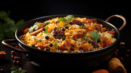 Delicious and spicy indian meat biryani in traditional pot