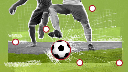 Cropped image of male legs in motion. Athletes playing football, competing on sports field. Contemporary art collage. Concept of professional sport, betting, game, competition. Banner, poster, ad