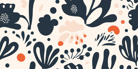 Fototapeta premium Hand drawn minimal abstract flowers and shapes pattern. Collage cute print. Fashionable template for design. Modern ethnic style