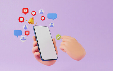 3D Cartoon hand holding smartphone using social media concept