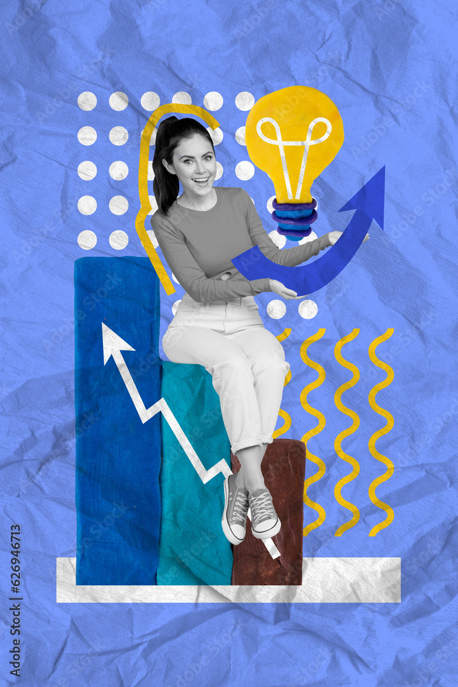 Poster collage sketch image of happy girl worker hold lamp bulb thought successful project strategy isolate