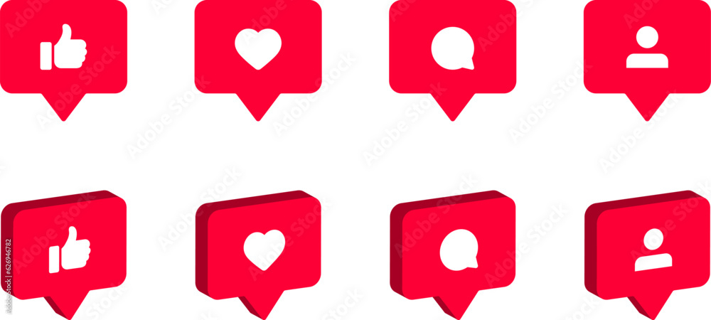 Poster like, love, comment and follower icon set. social media notification icons in 3d speech bubble , soc