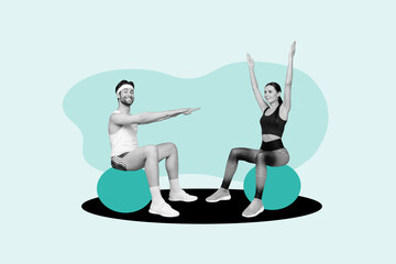 Full body size photo collage of two sports people do exercise practicing fitball training endurance stretching isolated on blue background