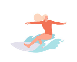Excited woman surfer catching wave riding high on surfboard through ocean surface isolated design
