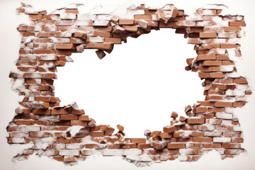 Hole in broken brown brick wall