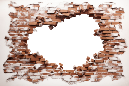 Hole in broken brown brick wall
