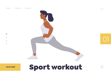Fototapeta na wymiar Sport workout promoting landing page design template with healthy woman doing stretching exercise