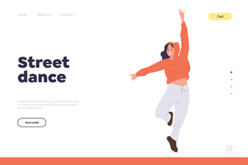 Street dance landing page design template with happy female hip-hop performer cartoon character