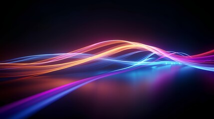 Optical data concept depicted by abstract glowing lines on a dark background. The high speed, vast capacity data transmission enabled by optical fiber technology in today's digital age. Generative AI