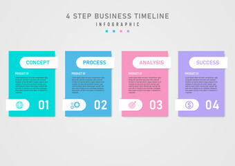 infographic template simple 4 business steps multi colored squares middle letter Below are numbers and icons on white rounded squares. gray gradient background design for marketing, product, project