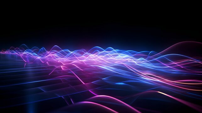 Optical data concept depicted by abstract glowing lines on a dark background. The high speed, vast capacity data transmission enabled by optical fiber technology in today's digital age. Generative AI