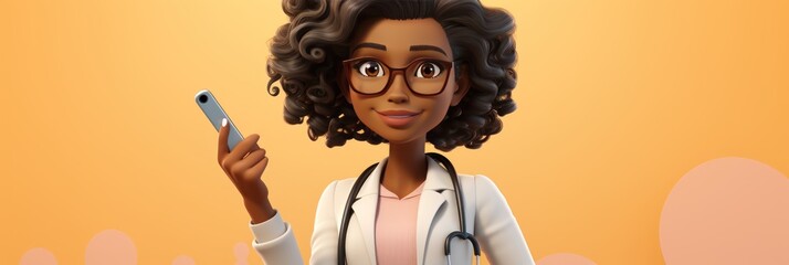 Cartoon Character Smart Trustworthy Doctor, Professional African Female Specialist. Medical Clip Art Isolated, Background with a Copy Space. Made With Generative AI.
