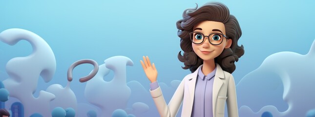 Cartoon Character Smart Trustworthy Doctor, Professional Caucasian Female Specialist. Medical Clip Art Isolated On a Purple Gradient  Background with a Copy Space. Made With Generative AI.
