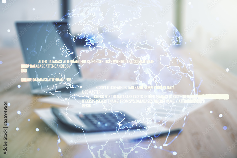 Poster abstract virtual coding concept and world map hologram on calculator and laptop background. multiexp